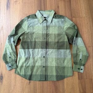 Liz Baker Women's Petite Medium Green Plaid Linen Blend Button-Up Shirt